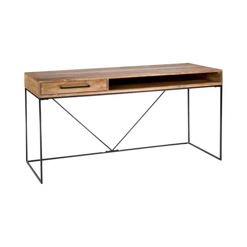 Bureau Allensworth naturel - Alder Bay : Bois de manguier massif, cadre en fer, mobilier de bureau moderne avec étagère et tiroir