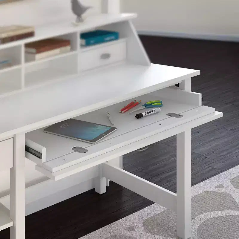 Bureau informatique Broadview avec étagères Blanc pur - Bush Furniture : Stratifié MDF, assemblage par un adulte requis