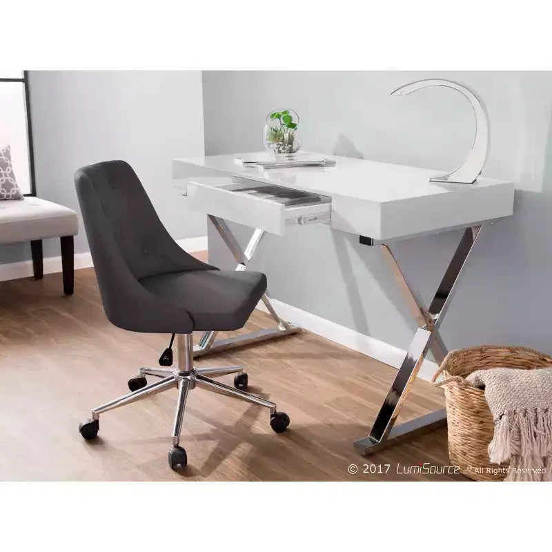 Bureau contemporain Luster blanc - LumiSource : Piètement en X chromé, MDF, Fini lustré, Tiroir coulissant