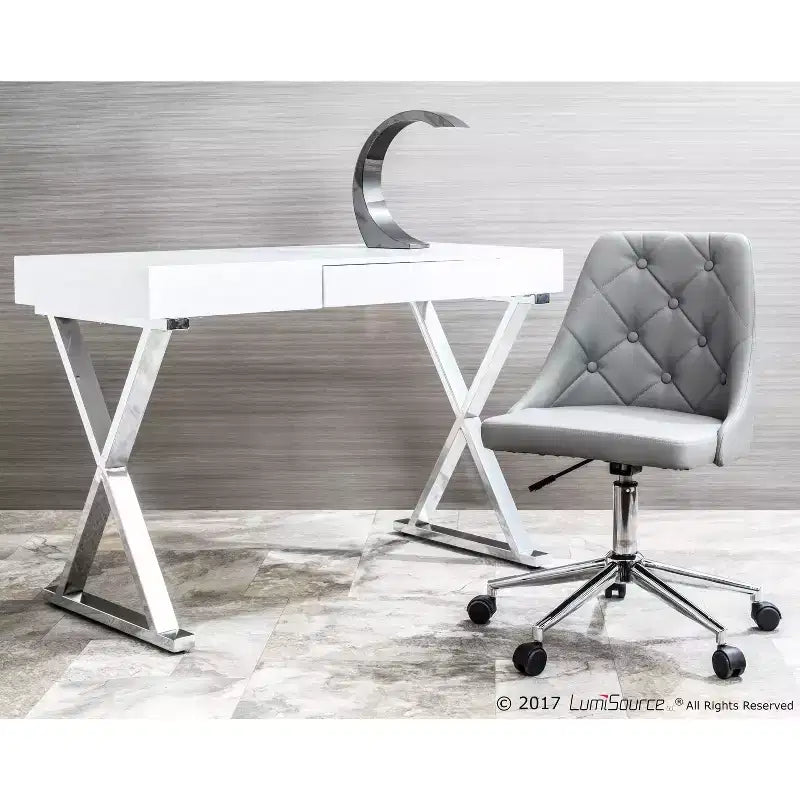 Bureau contemporain Luster blanc - LumiSource : Piètement en X chromé, MDF, Fini lustré, Tiroir coulissant