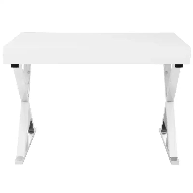 Bureau contemporain Luster blanc - LumiSource : Piètement en X chromé, MDF, Fini lustré, Tiroir coulissant