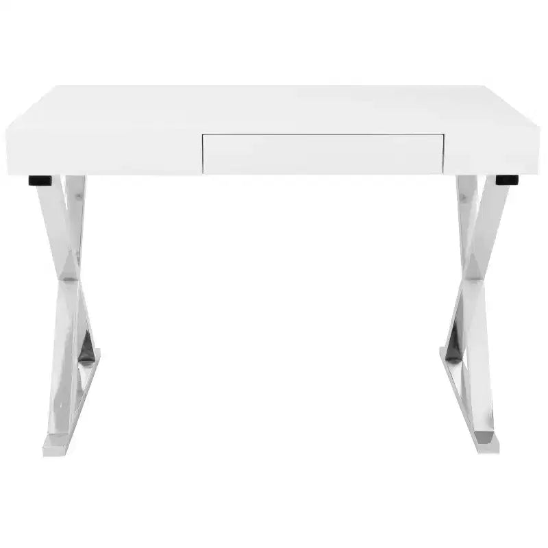 Bureau contemporain Luster blanc - LumiSource : Piètement en X chromé, MDF, Fini lustré, Tiroir coulissant