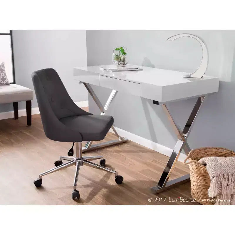 Bureau contemporain Luster blanc - LumiSource : Piètement en X chromé, MDF, Fini lustré, Tiroir coulissant