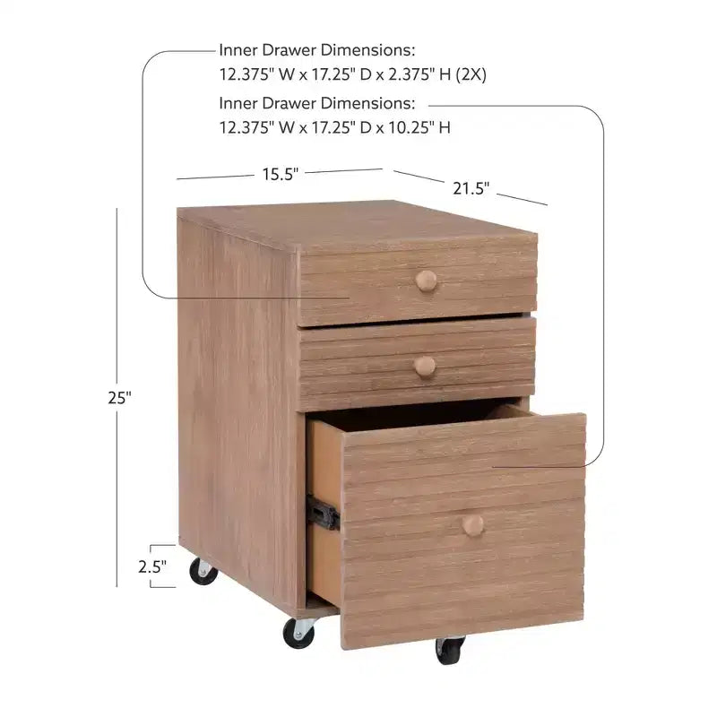 Wedeln Meuble de classement à 3 tiroirs en bois au fini naturel - Powell : Rangement mobile avec roulettes verrouillables