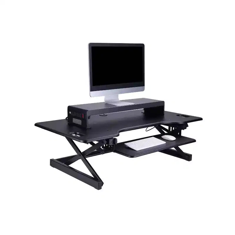Support de bureau double articulé à double écran avec alimentation noire - Rocelco : 4 prises CA, 2 ports USB, aucun assemblage