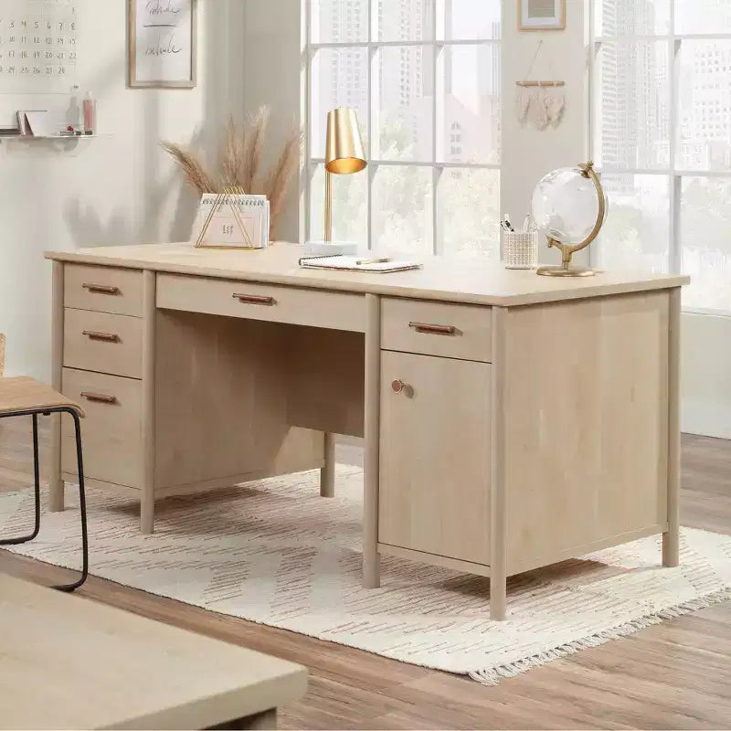 Bureau de direction Whitaker Point, érable naturel - Sauder : Mobilier de bureau à domicile avec rangement et plateau coulissant pour clavier