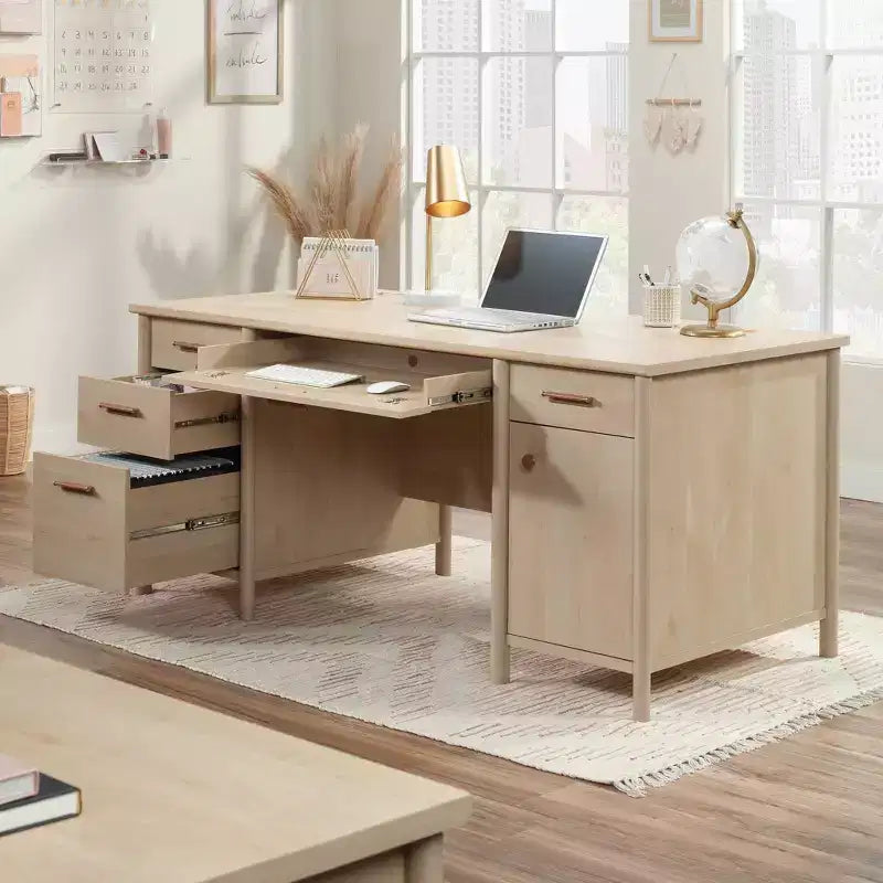 Bureau de direction Whitaker Point, érable naturel - Sauder : Mobilier de bureau à domicile avec rangement et plateau coulissant pour clavier