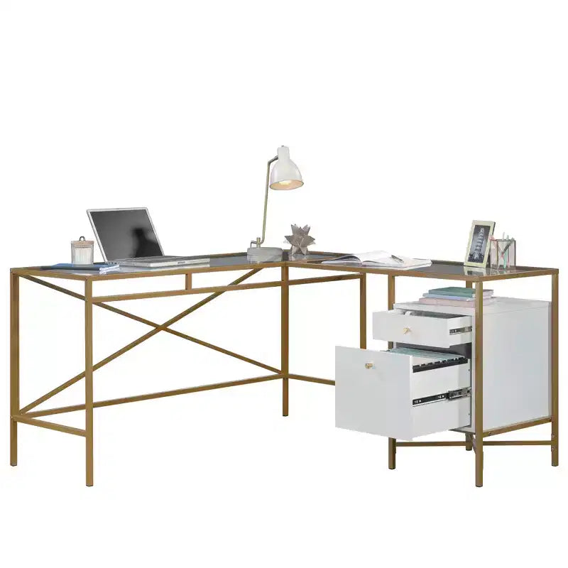 Bureau en L Sauder Harper Heights avec plateau en verre, blanc