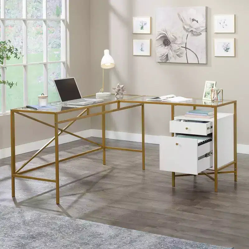 Bureau en L Sauder Harper Heights avec plateau en verre, blanc