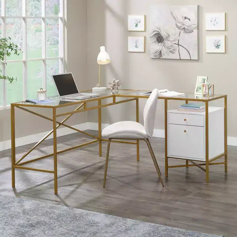 Bureau en L Sauder Harper Heights avec plateau en verre, blanc