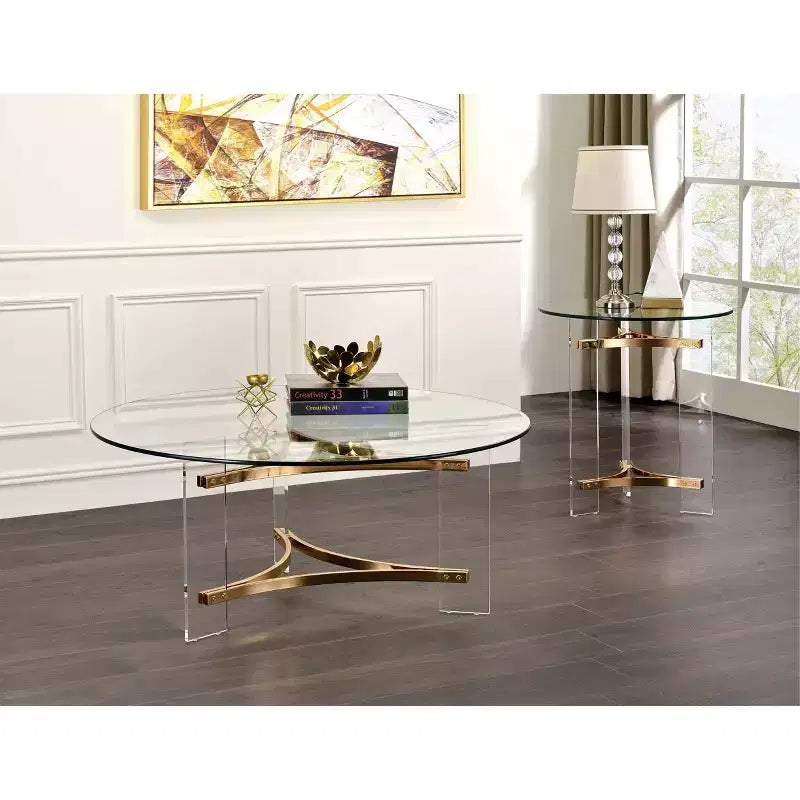 Table basse Sosi 41 po, finition or – Acme Furniture : Plateau rond moderne en verre trempé, compartiment de rangement, cadre thermolaqué