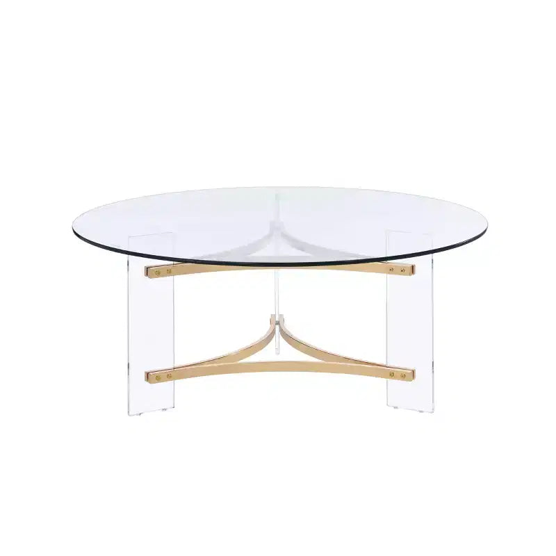 Table basse Sosi 41 po, finition or – Acme Furniture : Plateau rond moderne en verre trempé, compartiment de rangement, cadre thermolaqué
