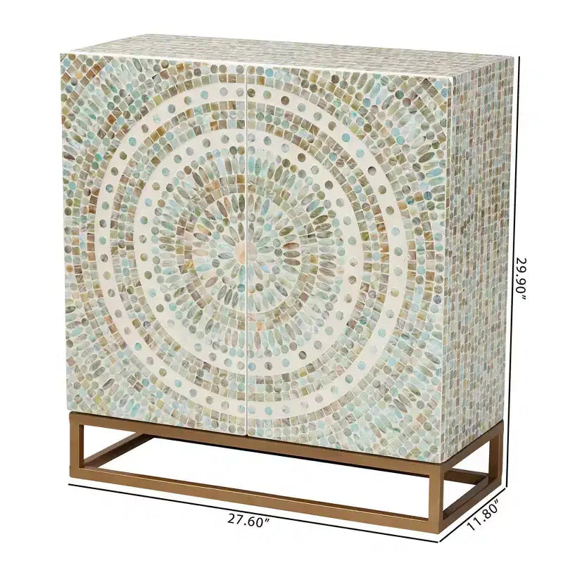 Baxton Studio Quintus Meuble de Rangement en Nacre et Métal Mosaïque/Blanc/Doré : Accent Élégant, Étagères Fixes, Aucun Assemblage Requis