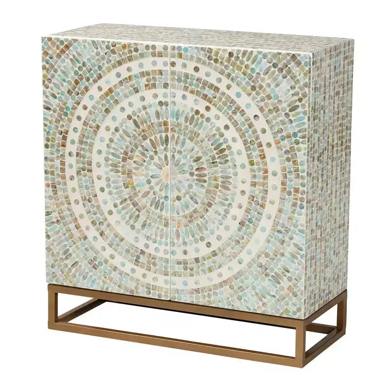 Baxton Studio Quintus Meuble de Rangement en Nacre et Métal Mosaïque/Blanc/Doré : Accent Élégant, Étagères Fixes, Aucun Assemblage Requis