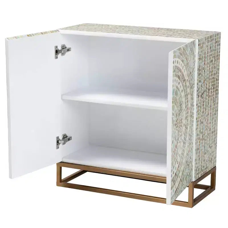 Baxton Studio Quintus Meuble de Rangement en Nacre et Métal Mosaïque/Blanc/Doré : Accent Élégant, Étagères Fixes, Aucun Assemblage Requis
