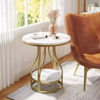 LITTLE TREE Modern 2 Tier Round Side End Table with Storage for Living Room White/Gold
