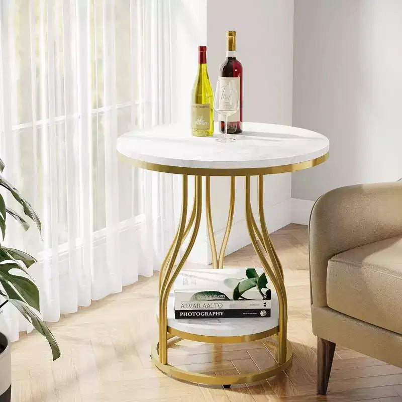 LITTLE TREE Table d'appoint ronde moderne à 2 niveaux avec rangement pour salon Blanc/Or