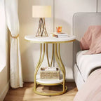LITTLE TREE Table d'appoint ronde moderne à 2 niveaux avec rangement pour salon Blanc/Or