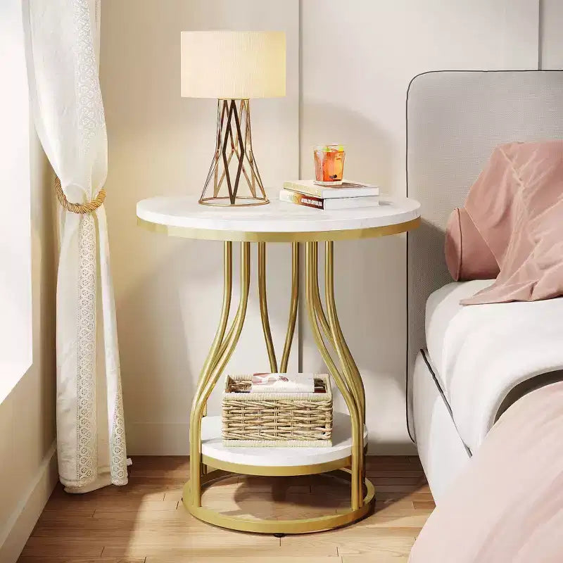 LITTLE TREE Table d'appoint ronde moderne à 2 niveaux avec rangement pour salon Blanc/Or
