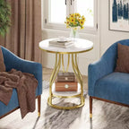 LITTLE TREE Table d'appoint ronde moderne à 2 niveaux avec rangement pour salon Blanc/Or