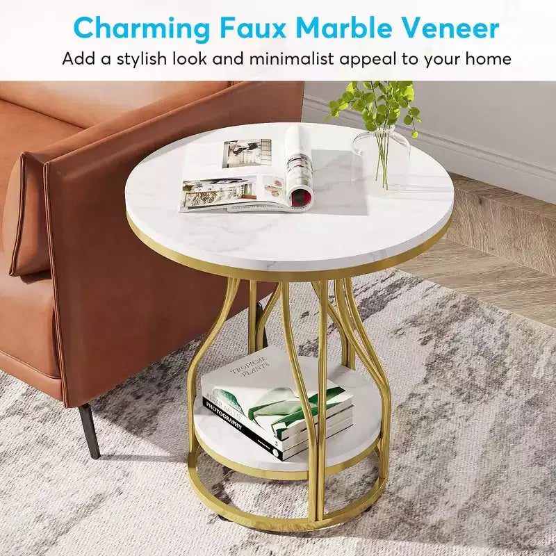 LITTLE TREE Table d'appoint ronde moderne à 2 niveaux avec rangement pour salon Blanc/Or