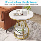 LITTLE TREE Table d'appoint ronde moderne à 2 niveaux avec rangement pour salon Blanc/Or