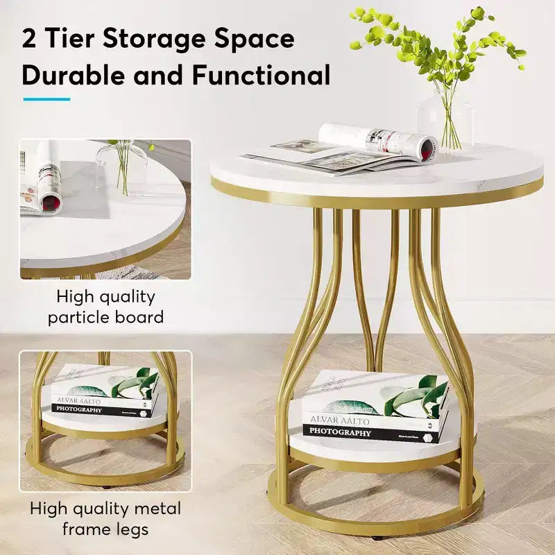 LITTLE TREE Table d'appoint ronde moderne à 2 niveaux avec rangement pour salon Blanc/Or