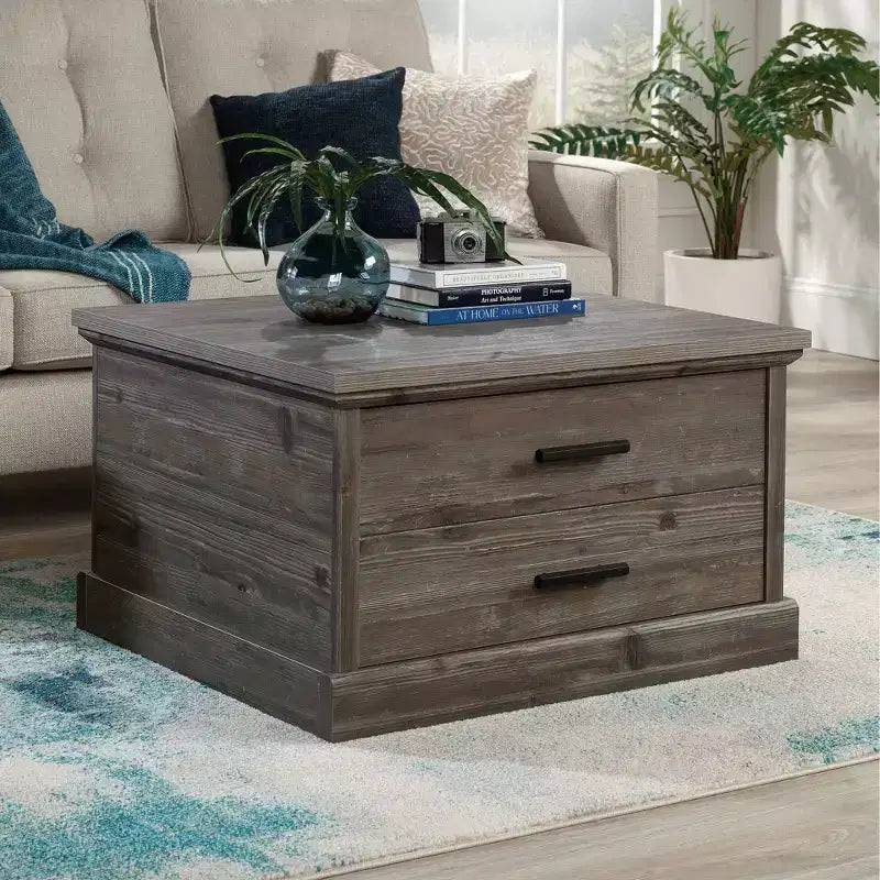 Sauder Aspen Post Square Coffee Table Pebble Pine : style ferme, MDF avec quincaillerie en métal, conforme aux normes CPSC