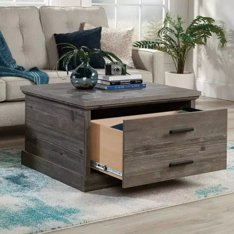 Sauder Aspen Post Square Coffee Table Pebble Pine : style ferme, MDF avec quincaillerie en métal, conforme aux normes CPSC