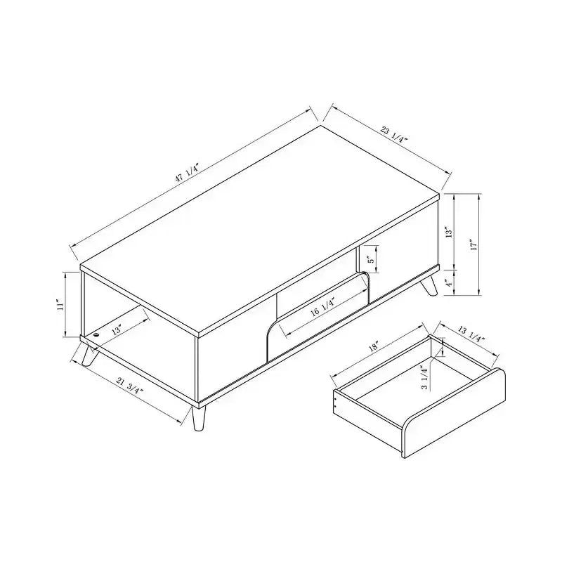 Table basse 1 tiroir Frelmer chêne blanc/gris vieilli - miBasics : Moderne du milieu du siècle, pieds évasés, étagères fixes