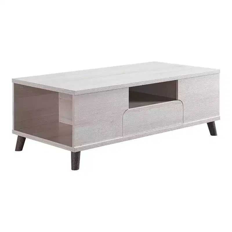 Table basse 1 tiroir Frelmer chêne blanc/gris vieilli - miBasics : Moderne du milieu du siècle, pieds évasés, étagères fixes