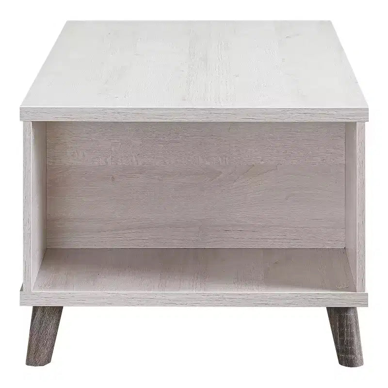 Table basse 1 tiroir Frelmer chêne blanc/gris vieilli - miBasics : Moderne du milieu du siècle, pieds évasés, étagères fixes