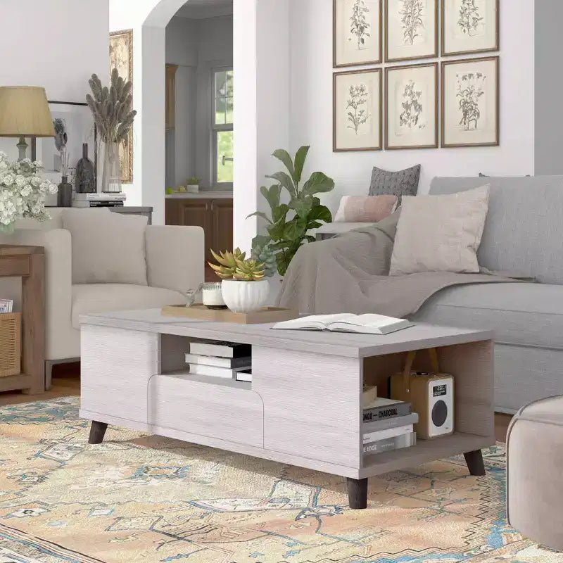 Table basse 1 tiroir Frelmer chêne blanc/gris vieilli - miBasics : Moderne du milieu du siècle, pieds évasés, étagères fixes