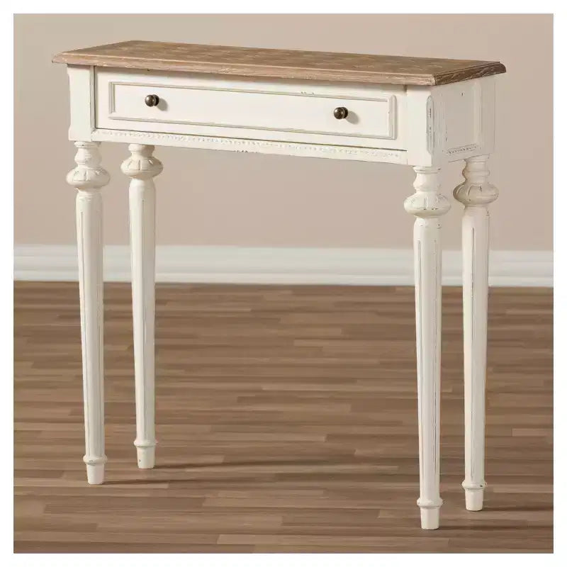 Console Marquetterie de style Provincial français en Chêne patiné et Bois vieilli - Blanc - Baxton Studio : Vintage, Pieds sculptés
