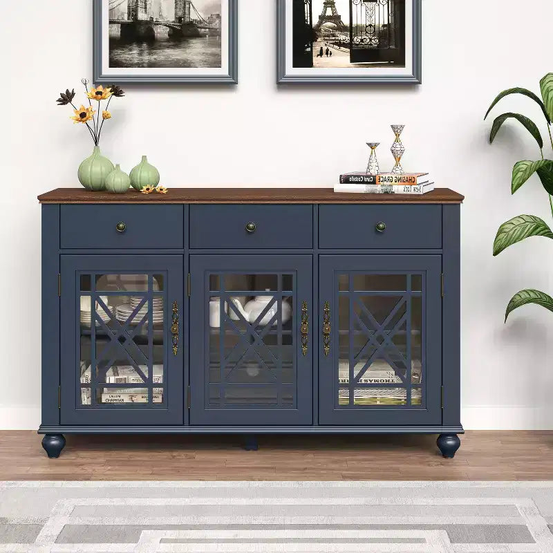 Buffet de salle à manger Festivo 55" de style vintage avec tiroirs, couleur bleu marine