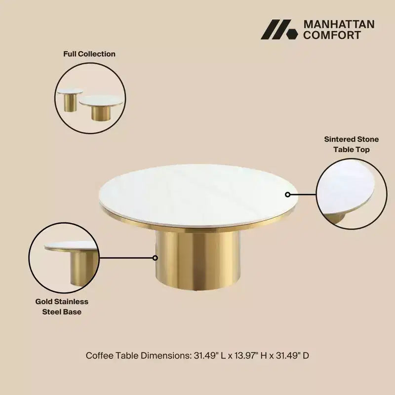 Manhattan Comfort Glenn Table Basse Plateau en Pierre Frittée Or