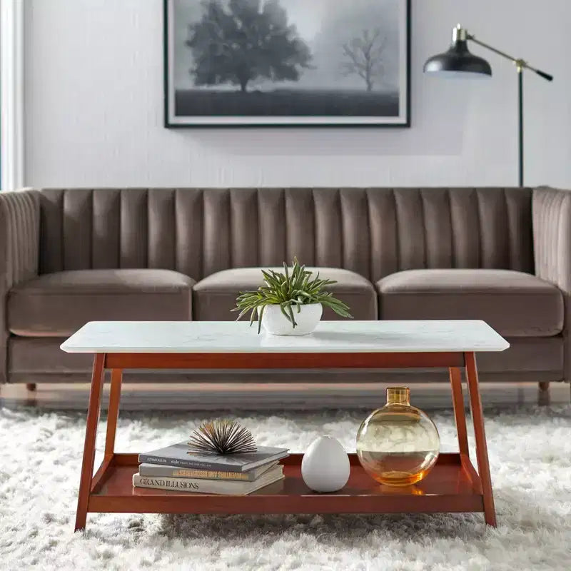 Table Basse Buylateral Jhovies - Noyer : Plateau Faux Marbre, Structure en Bois Massif, Étagère de Rangement Inférieure