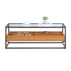 Table basse en verre, plateau chêne doré – Saarinen par Danya B. : Style scandinave contemporain, étagères ouvertes, rangement, finition mate