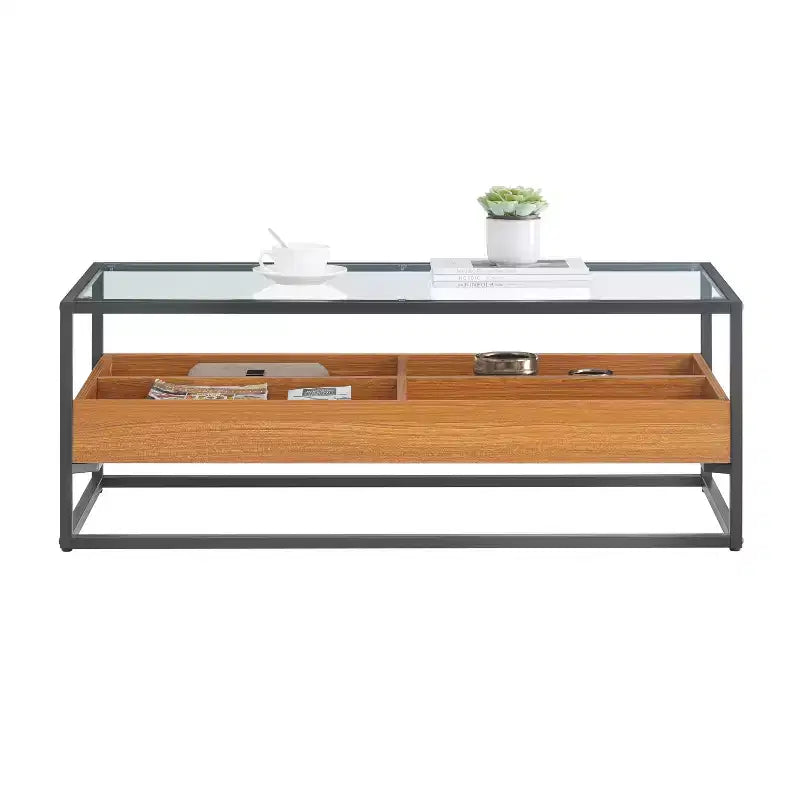 Table basse en verre, plateau chêne doré – Saarinen par Danya B. : Style scandinave contemporain, étagères ouvertes, rangement, finition mate