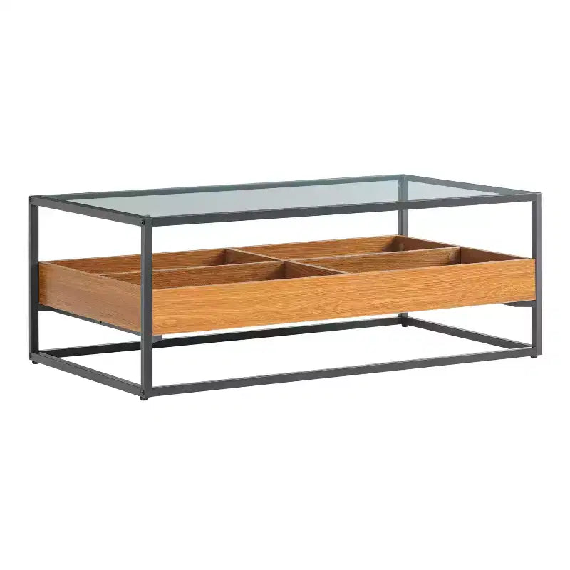 Table basse en verre, plateau chêne doré – Saarinen par Danya B. : Style scandinave contemporain, étagères ouvertes, rangement, finition mate