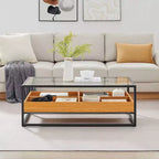Table basse en verre, plateau chêne doré – Saarinen par Danya B. : Style scandinave contemporain, étagères ouvertes, rangement, finition mate