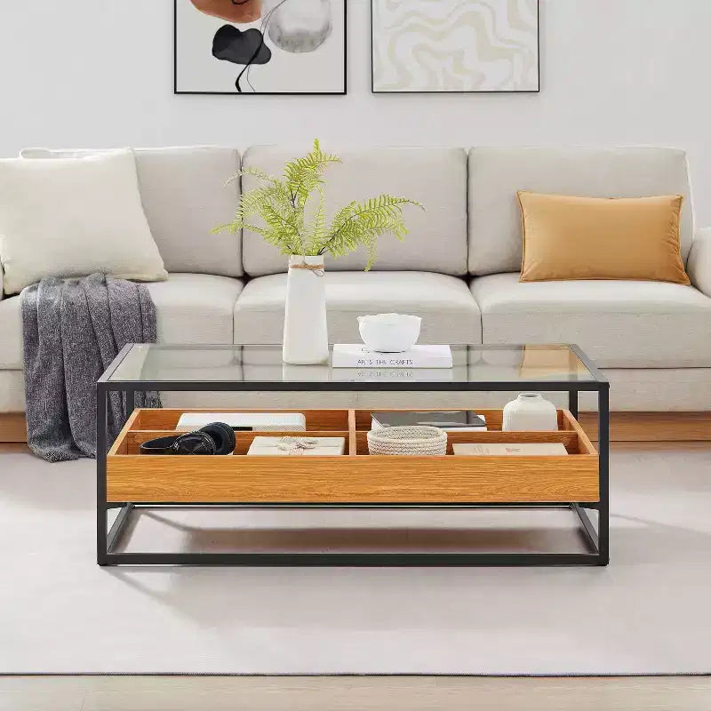 Table basse en verre, plateau chêne doré – Saarinen par Danya B. : Style scandinave contemporain, étagères ouvertes, rangement, finition mate
