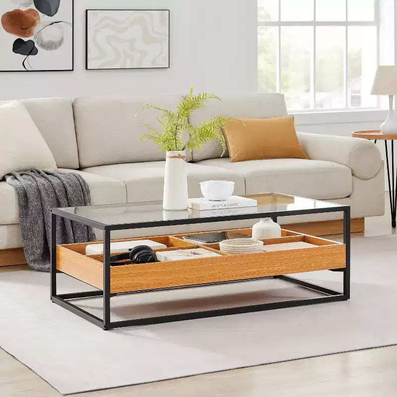 Table basse en verre, plateau chêne doré – Saarinen par Danya B. : Style scandinave contemporain, étagères ouvertes, rangement, finition mate