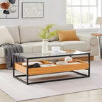 Table basse en verre, plateau chêne doré – Saarinen par Danya B. : Style scandinave contemporain, étagères ouvertes, rangement, finition mate