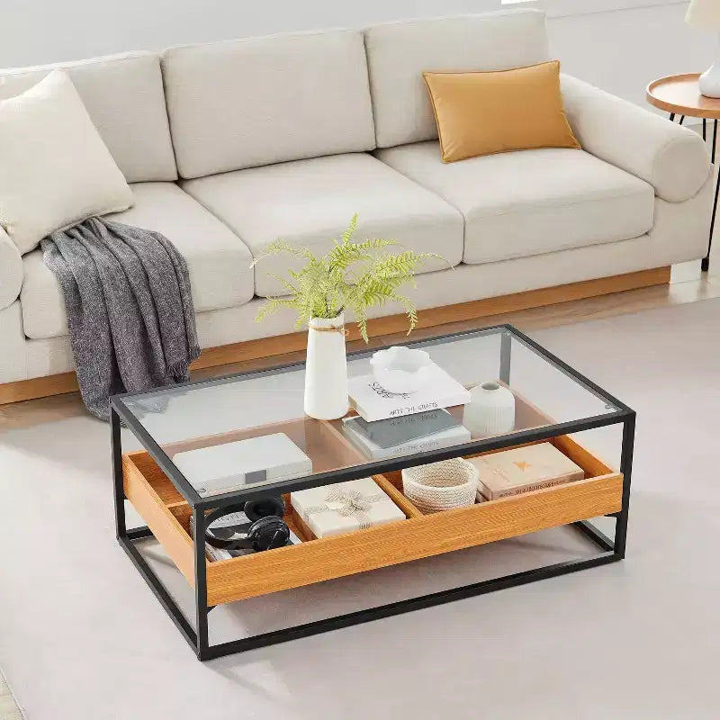Table basse en verre, plateau chêne doré – Saarinen par Danya B. : Style scandinave contemporain, étagères ouvertes, rangement, finition mate