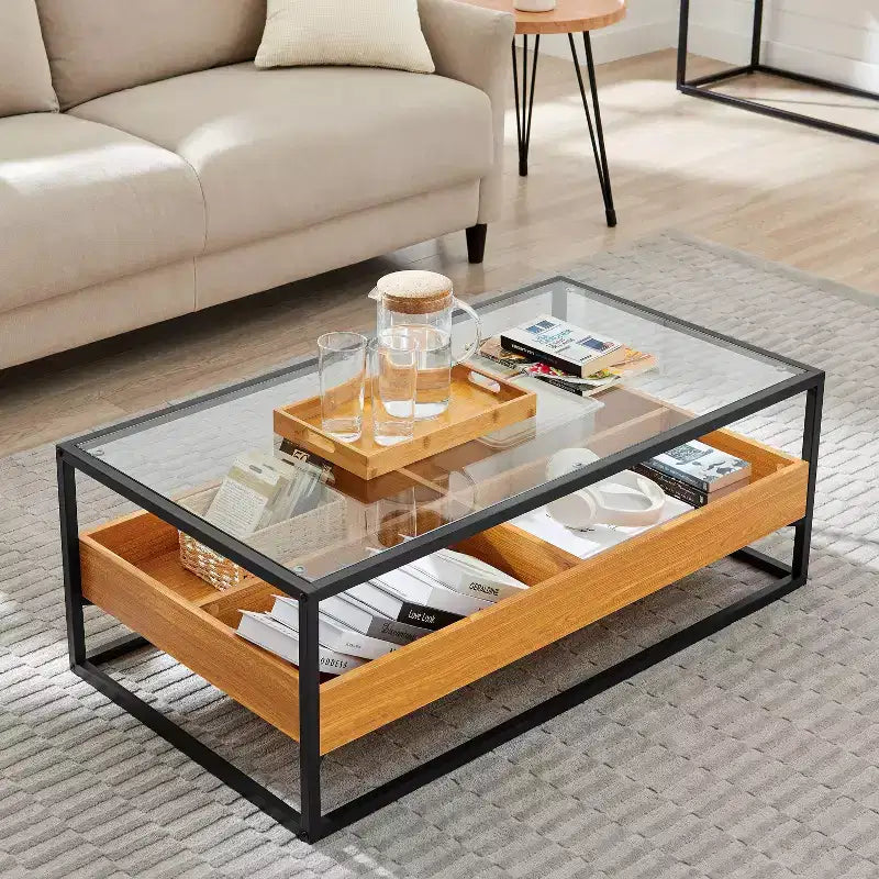 Table basse en verre, plateau chêne doré – Saarinen par Danya B. : Style scandinave contemporain, étagères ouvertes, rangement, finition mate