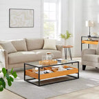 Table basse en verre, plateau chêne doré – Saarinen par Danya B. : Style scandinave contemporain, étagères ouvertes, rangement, finition mate