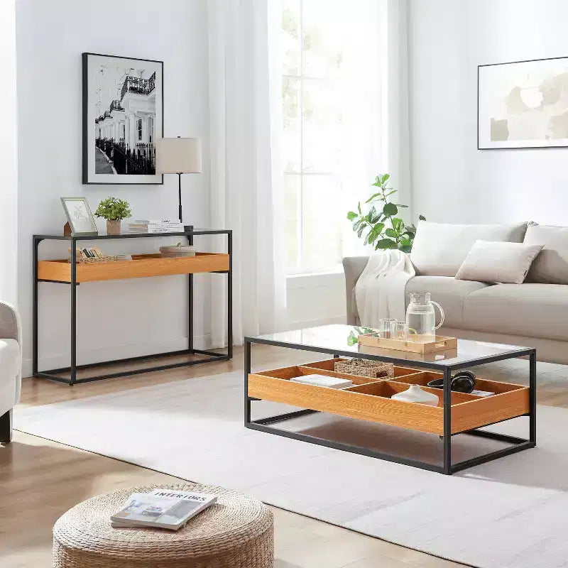 Table basse en verre, plateau chêne doré – Saarinen par Danya B. : Style scandinave contemporain, étagères ouvertes, rangement, finition mate