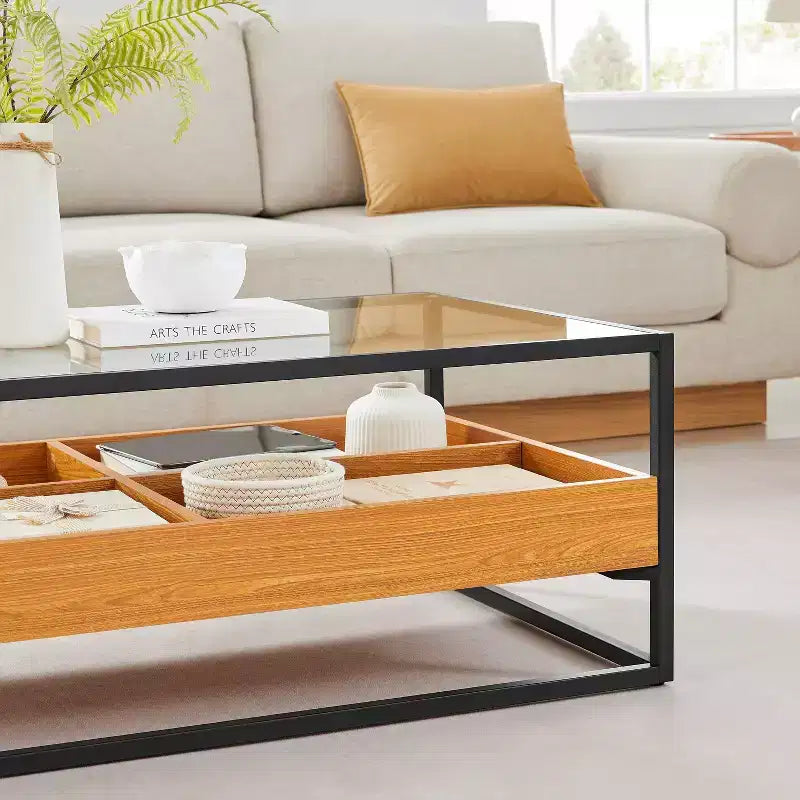 Table basse en verre, plateau chêne doré – Saarinen par Danya B. : Style scandinave contemporain, étagères ouvertes, rangement, finition mate