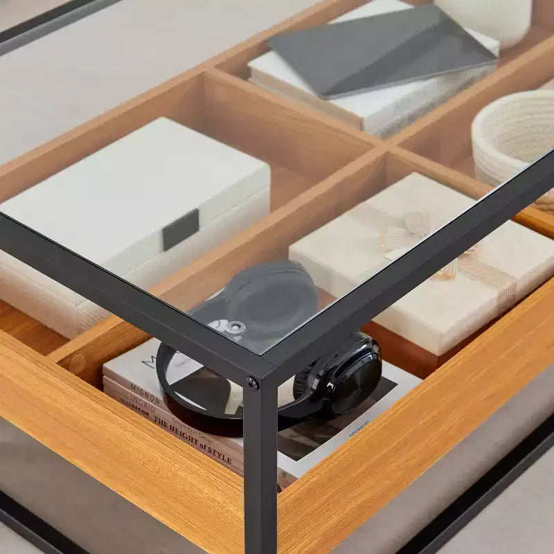 Table basse en verre, plateau chêne doré – Saarinen par Danya B. : Style scandinave contemporain, étagères ouvertes, rangement, finition mate